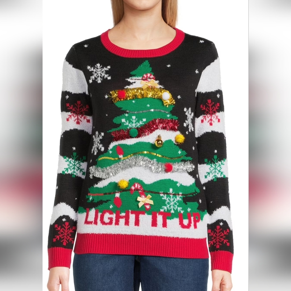 Ugly Christmas Sweater Festive Christmas Tree Sweater - Black, Green, Red